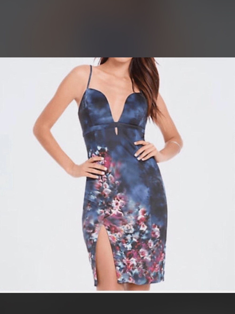 Bebe Floral Navy Bodycon Dress with Plunge Neckline